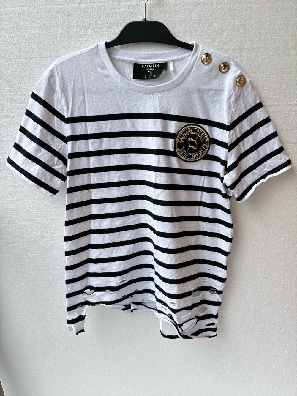 Balmain x Puma Striped Oversized Distressed Holes Tee Shirt White Black rare - Picture 7 of 10